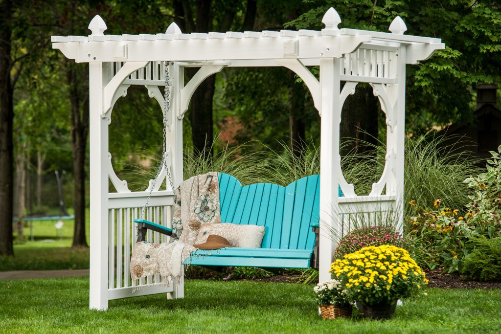 classic vinyl swing stand white with 5 adirondack poly swing aruba blue black 1024x683 1